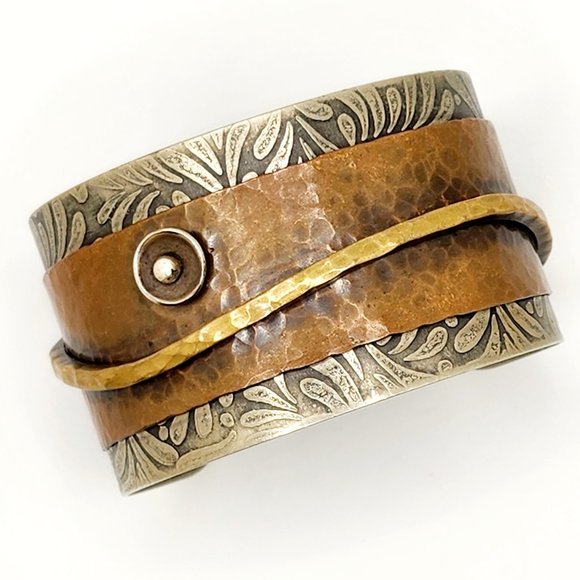 Artisan Riveted Mixed Metals Assemblage Cuff Bracelet - Picture 2 of 8